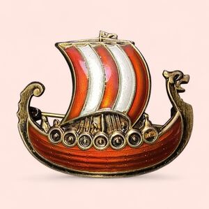 Ivar T Holth Norwegian Silversmith Sterling Silver Enamel Viking Ship Brooch